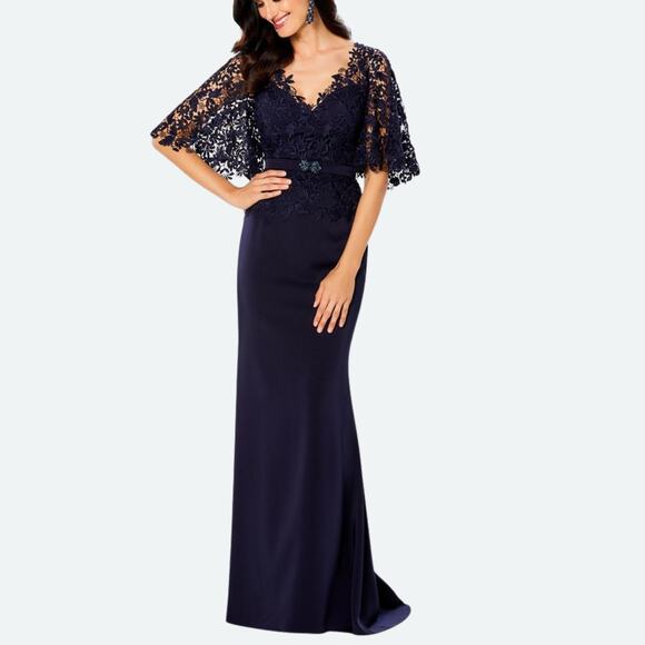 Montage by Mon Cheri Lace Flutter Sleeve Maxi Evening Gown Navy - Main Image